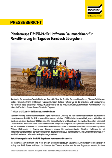 Planierraupe D71PX-24 für Hoffmann Baumaschinen – Rekultivierung im Tagebau Hambach übergeben